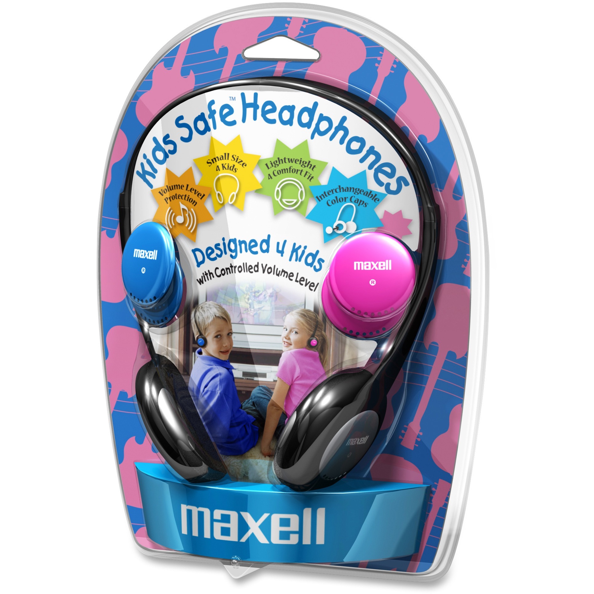 MAXELL wired kids headphones, volume-limiting, 3.5 mm plug, 4 ft cord — left view
