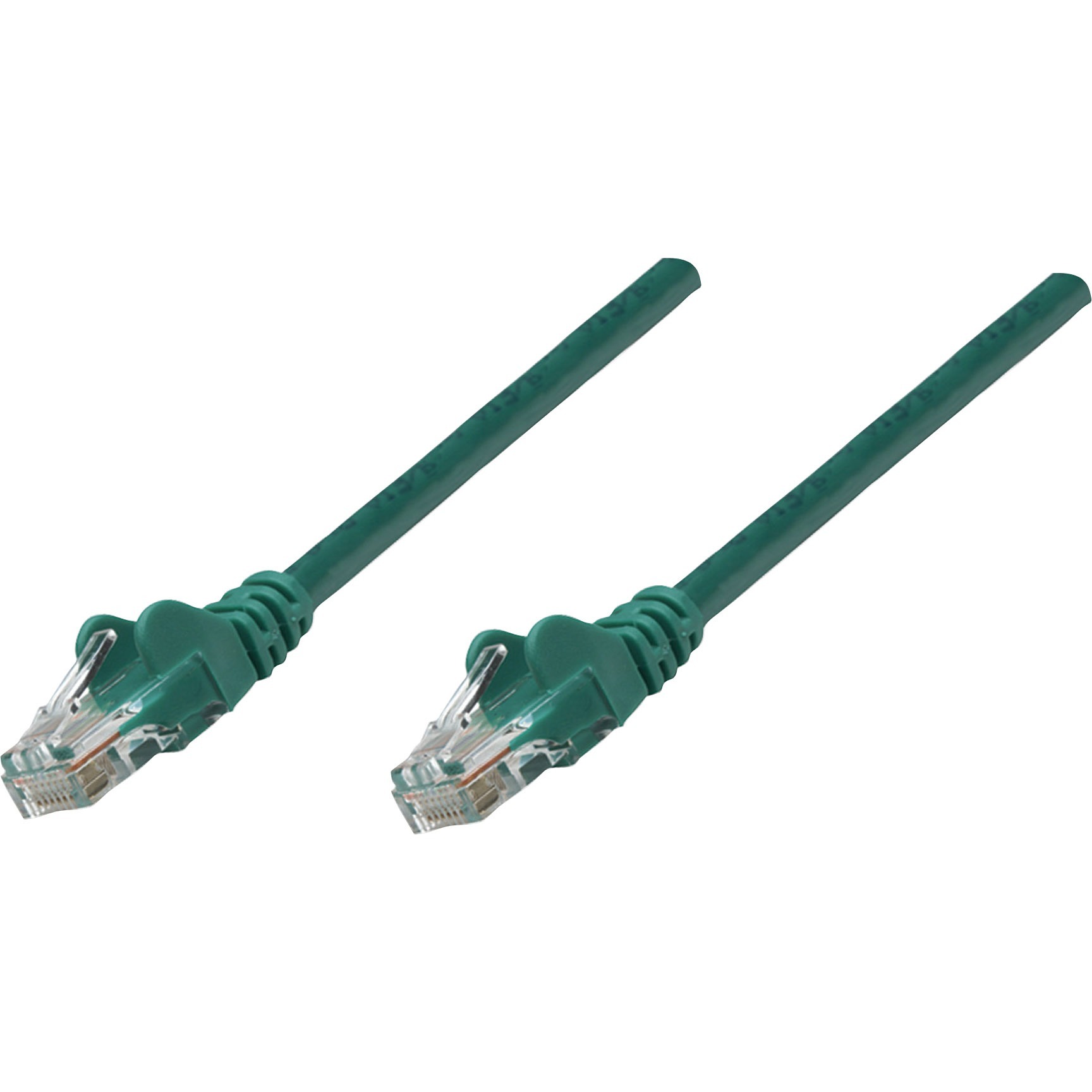 Green 10 ft Intellinet Cat5e snagless Ethernet patch cable with RJ-45 connectors — left view