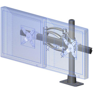 HAT Design Works 200 Series dual articulating monitor arm silver mounted on vertical pole with two monitors — left view