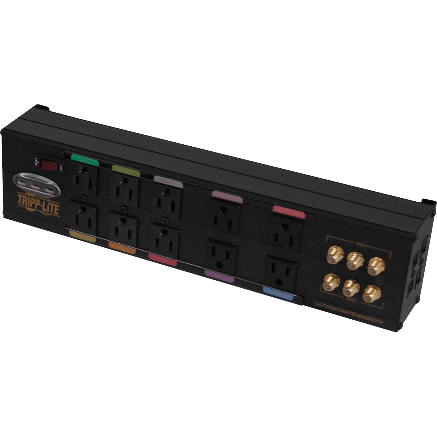Eaton HT10DBS 10-outlet home theater surge suppressor with 3 coax ports and 8 ft cord — left view