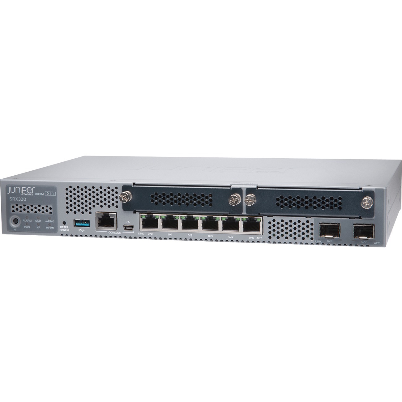 Juniper SRX320 hardware-only branch router with Gigabit Ethernet and desktop form factor — left view