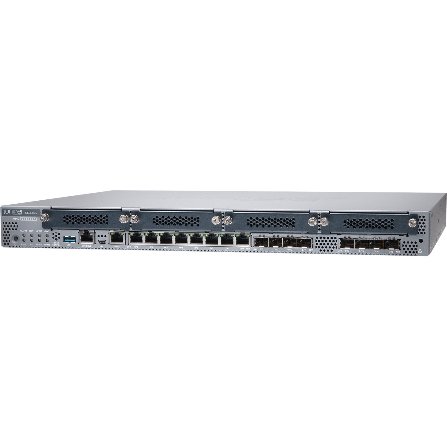 Juniper SRX345 Junos software base for 1U branch router with Gigabit Ethernet support — left view