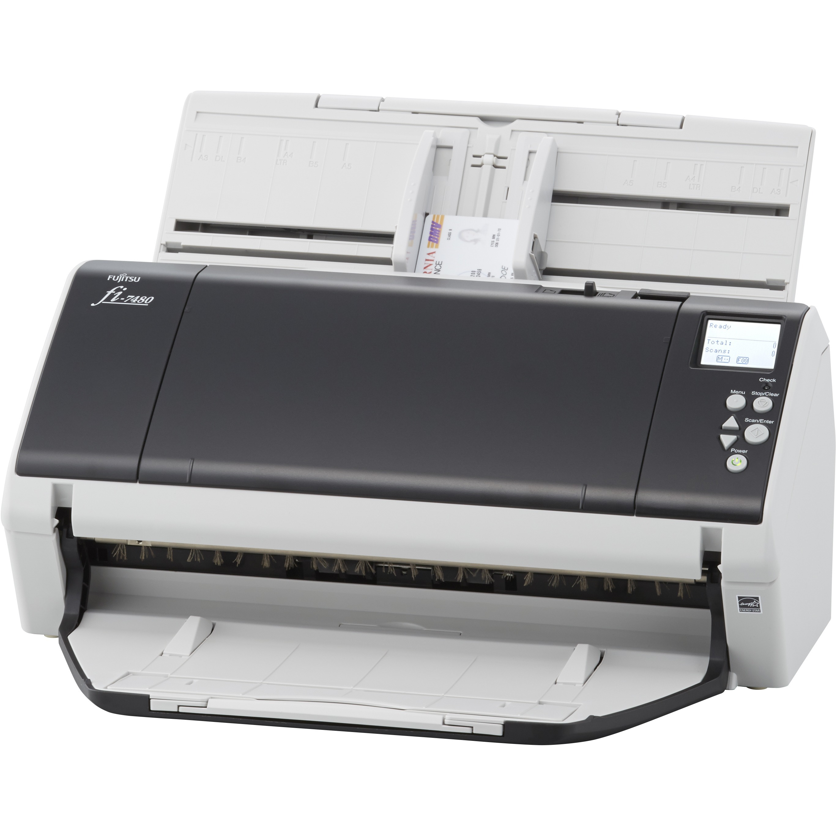 RICOH fi-7480 departmental document scanner with 100-sheet ADF and duplex scanning — left view