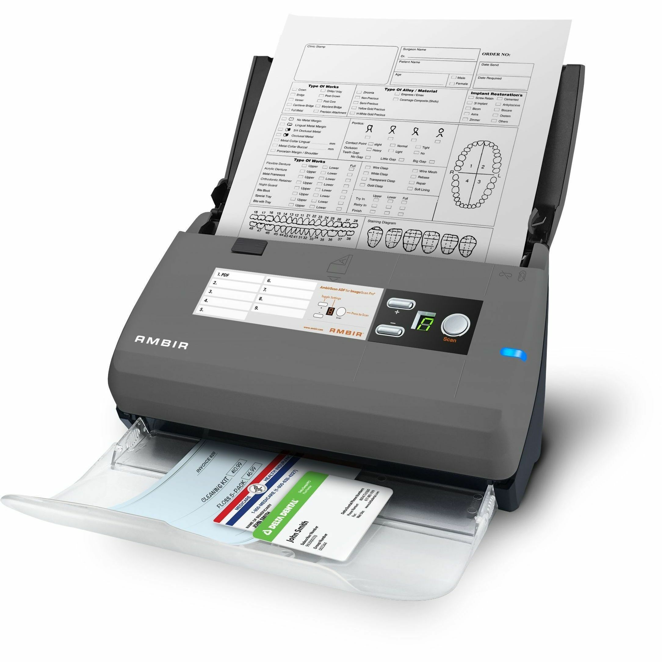 AMBIR DS830IX ADF scanner for healthcare document intake and batch scanning — left view