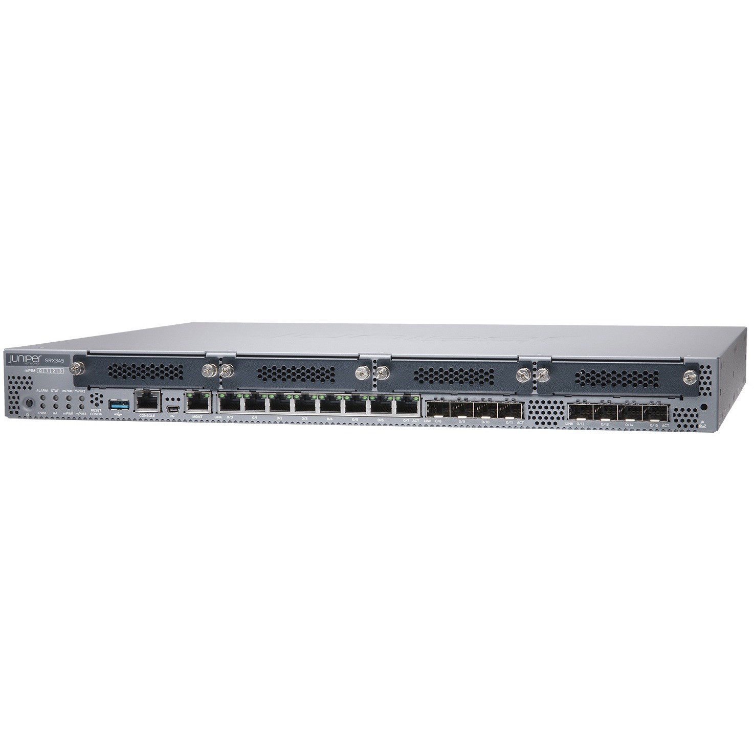 Juniper SRX345 branch router hardware with single DC power supply — left view