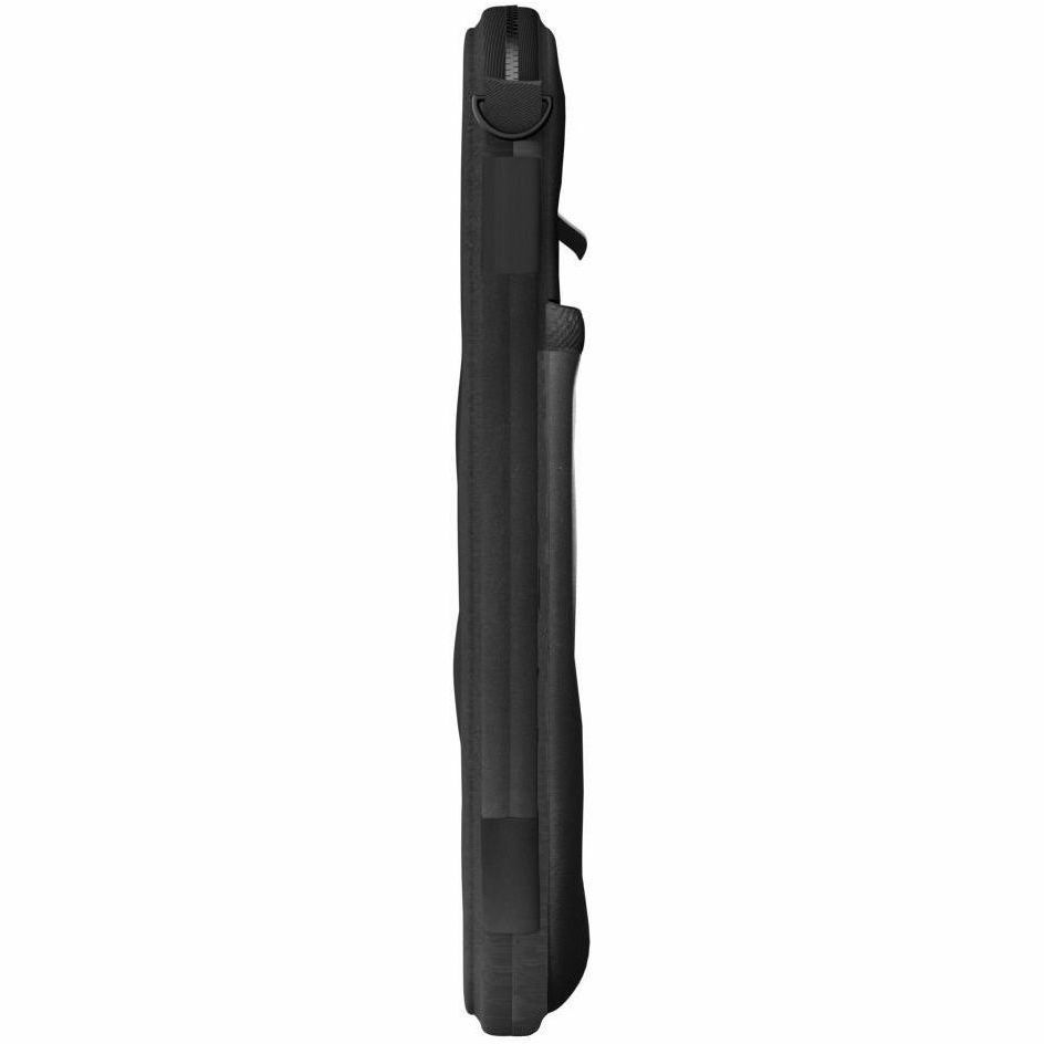Black vertical neoprene sleeve for 11-inch tablet with front pocket and optional shoulder strap — left view