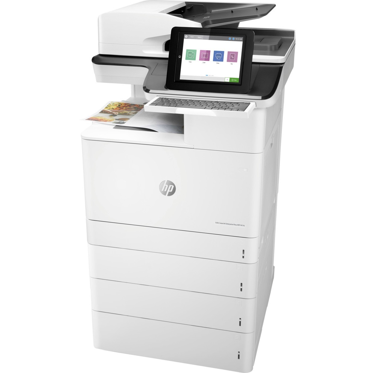 HP Color LaserJet Enterprise M776z color multifunction printer with touchscreen and large paper trays — left view