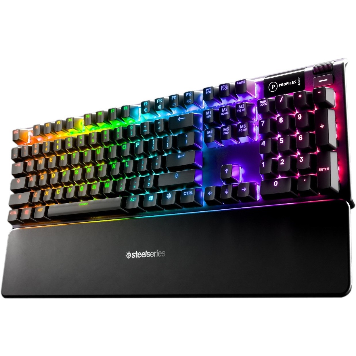 SteelSeries Apex 5 hybrid mechanical gaming keyboard with per-key RGB lighting and aluminum frame — left view