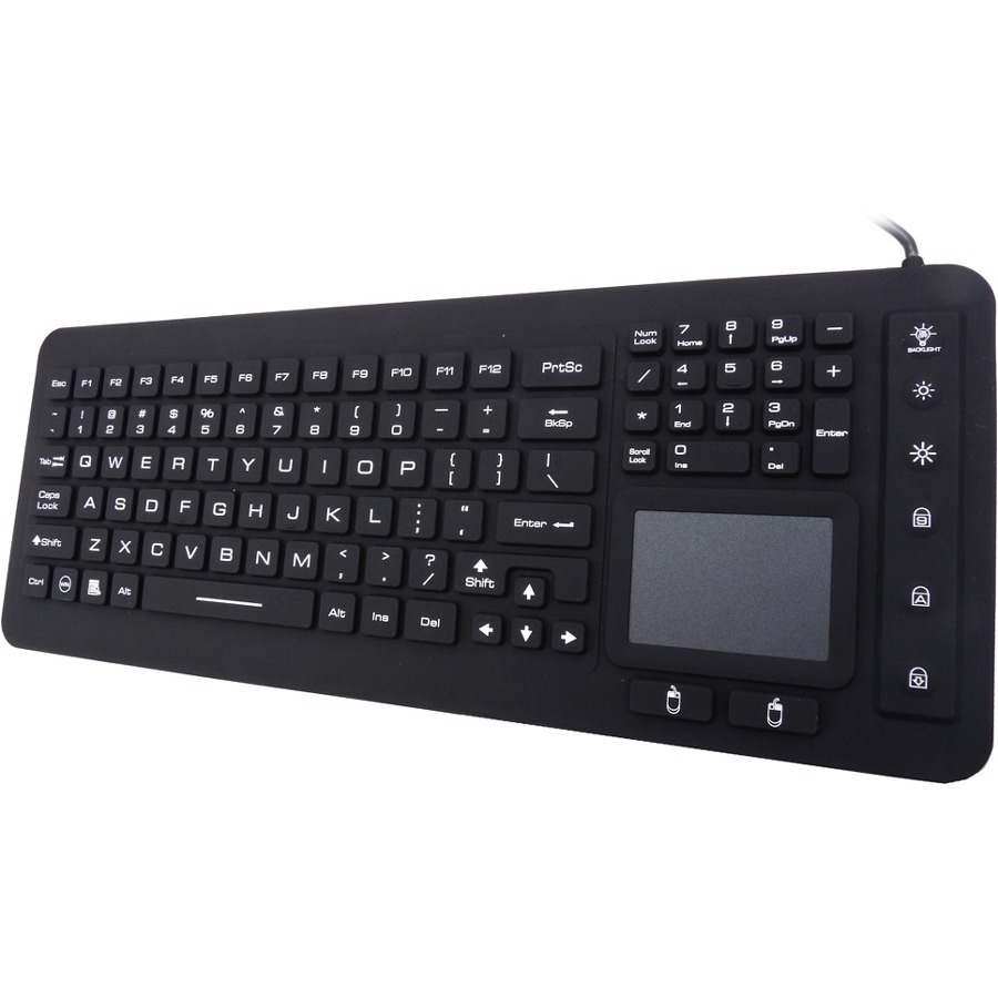 Ergoguys DSI waterproof LED keyboard with integrated touchpad, sealed keyplane — left view