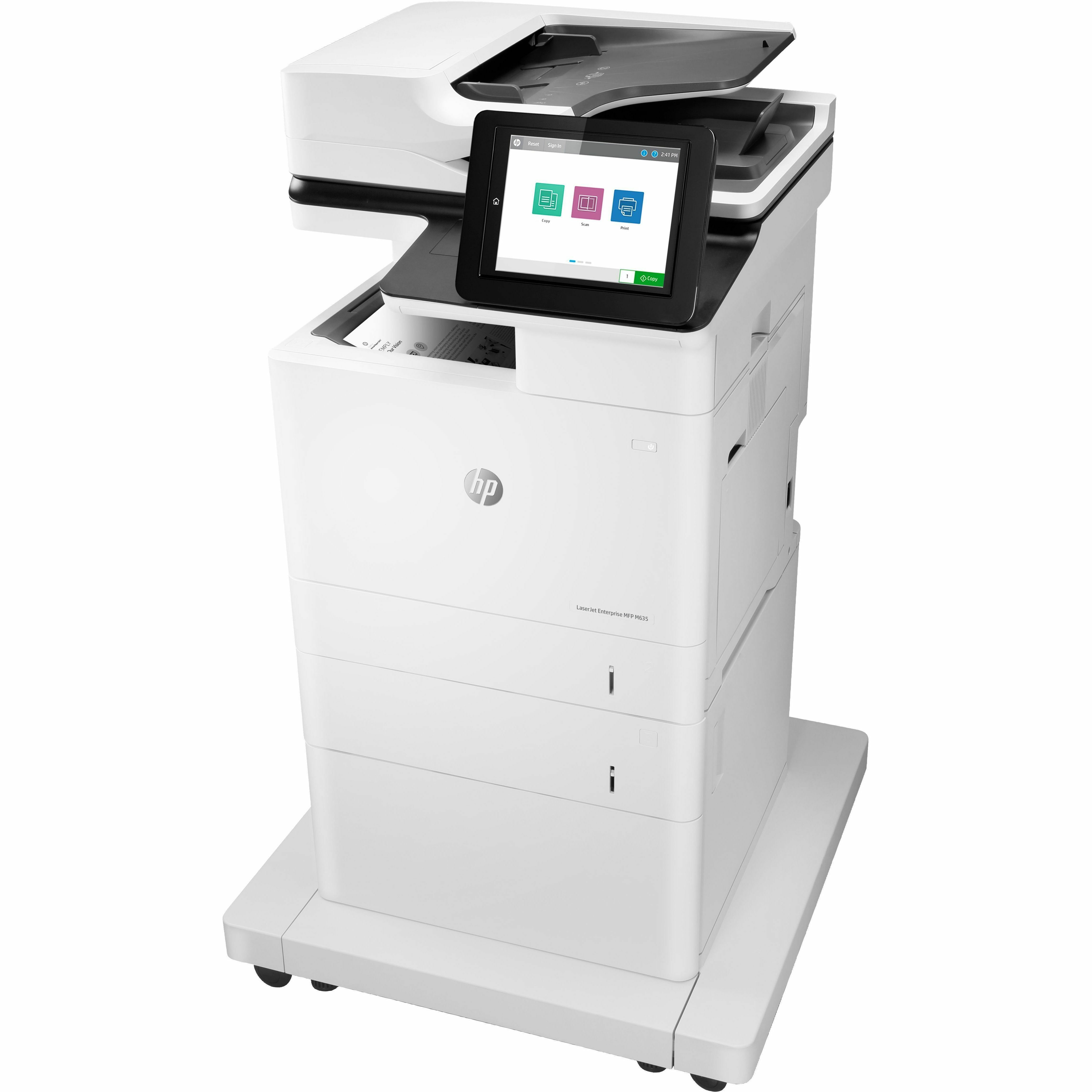 HP LaserJet Enterprise M635fht monochrome multifunction printer for enterprise print, scan, copy, and fax workflows — left view