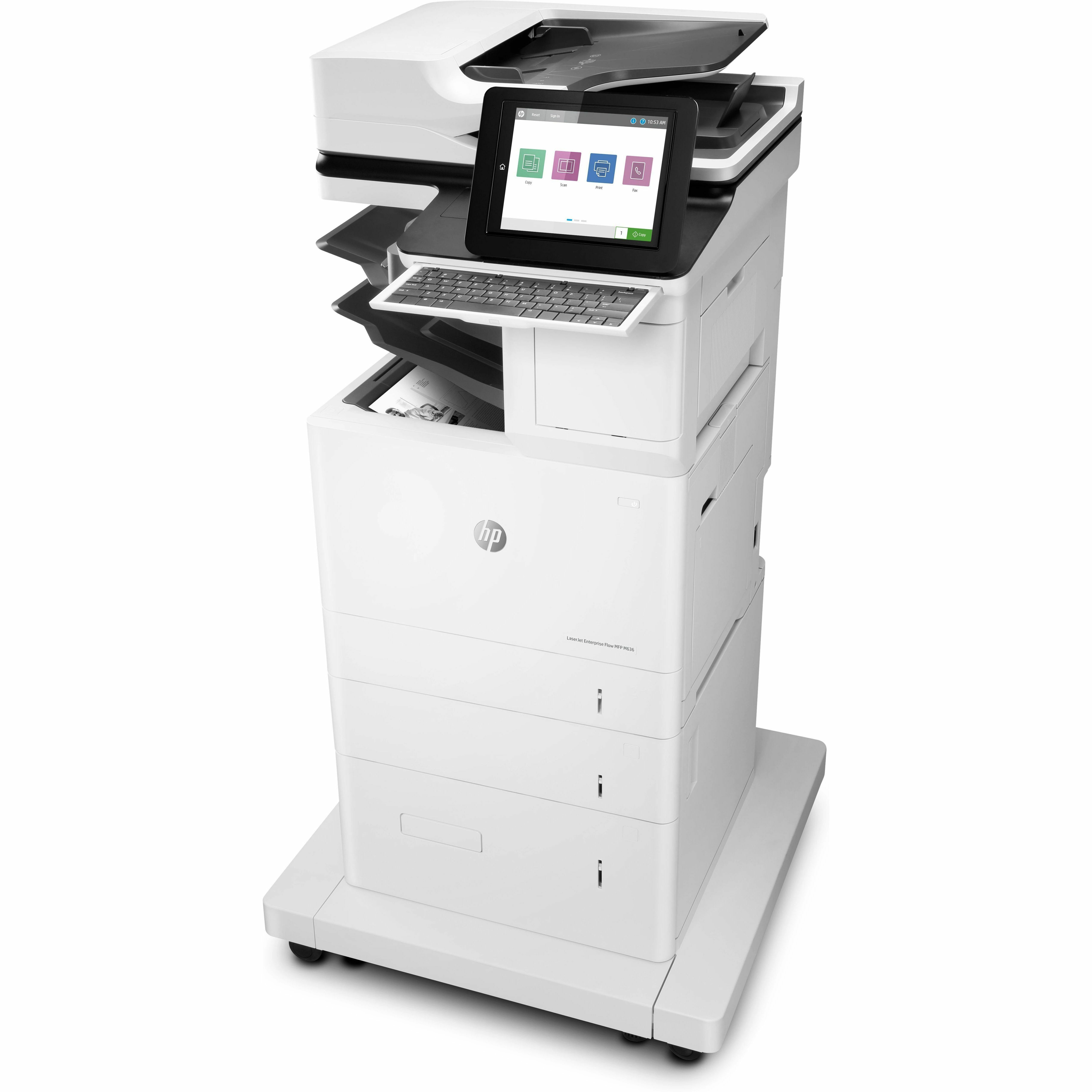 HP LaserJet Enterprise Flow MFP M636z monochrome multifunction printer with duplex scanning for enterprise workflows — left view