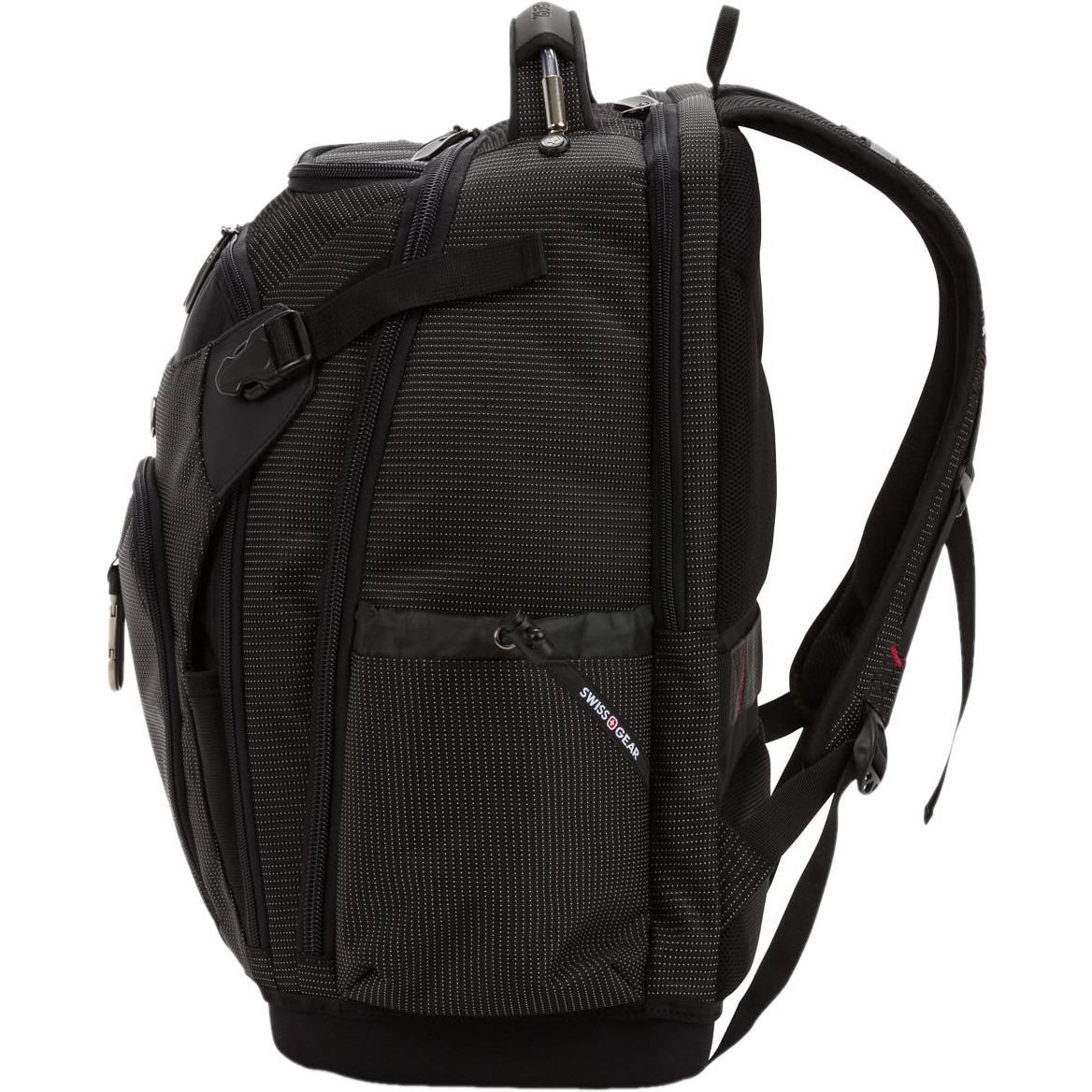 Black Wenger SwissGear Work Pack Pro tool backpack with USB access for 17 inch laptop — left view