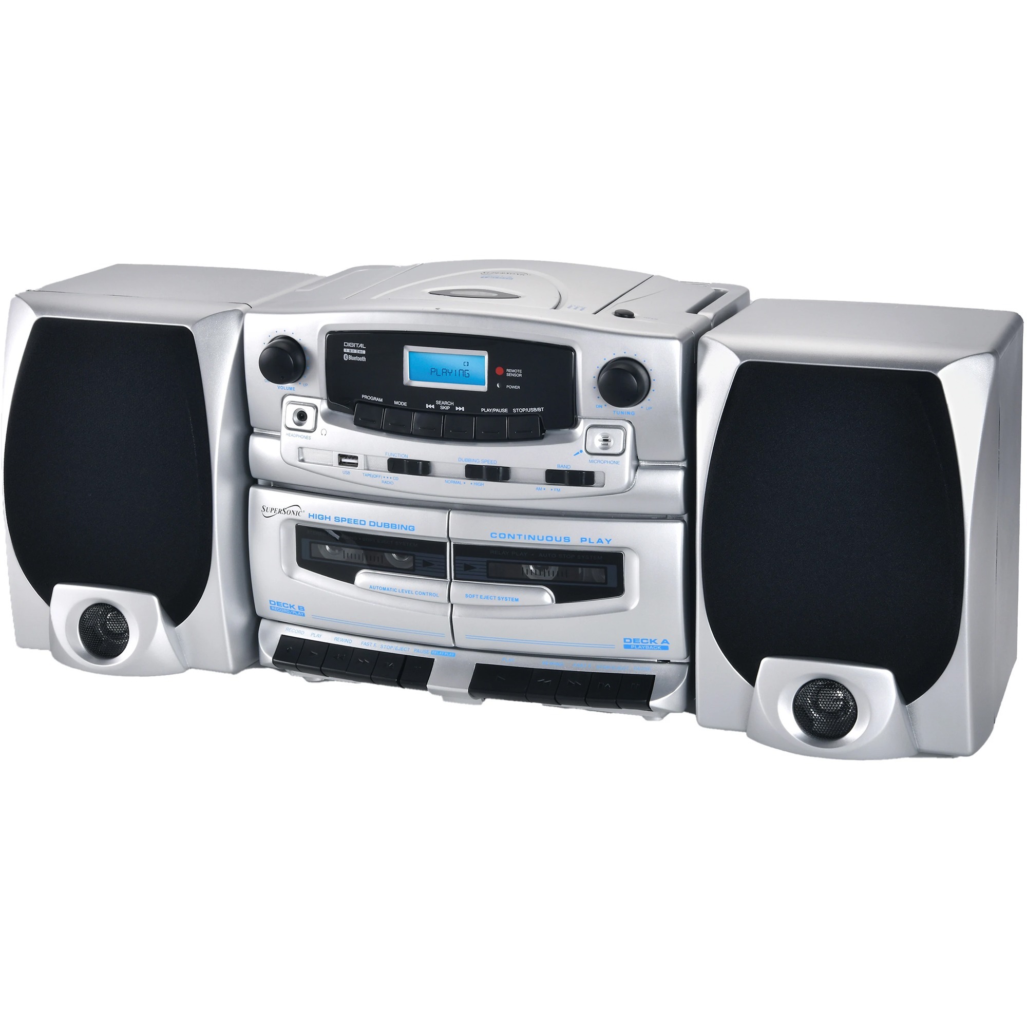 SUPERSONIC SC-2121BT Bluetooth audio system with CD player, cassette deck, AM/FM radio, USB input, and detachable speakers — left view