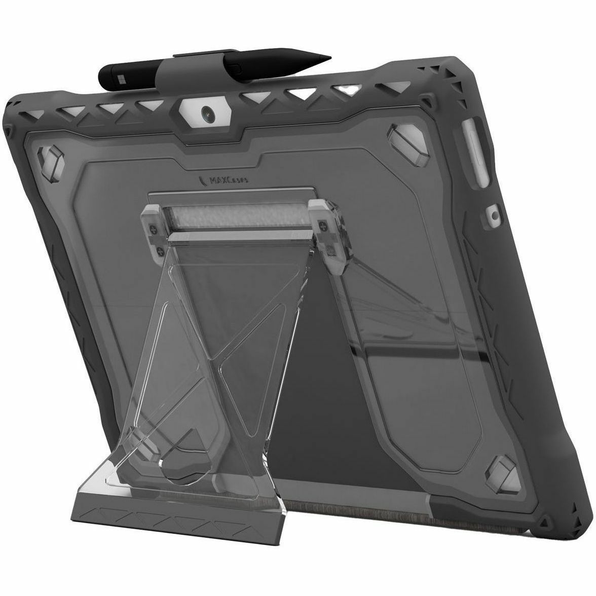 Gray rugged SHIELD EXTREME X2 case for Microsoft Surface Pro 8 with integrated screen protection and kickstand — left view