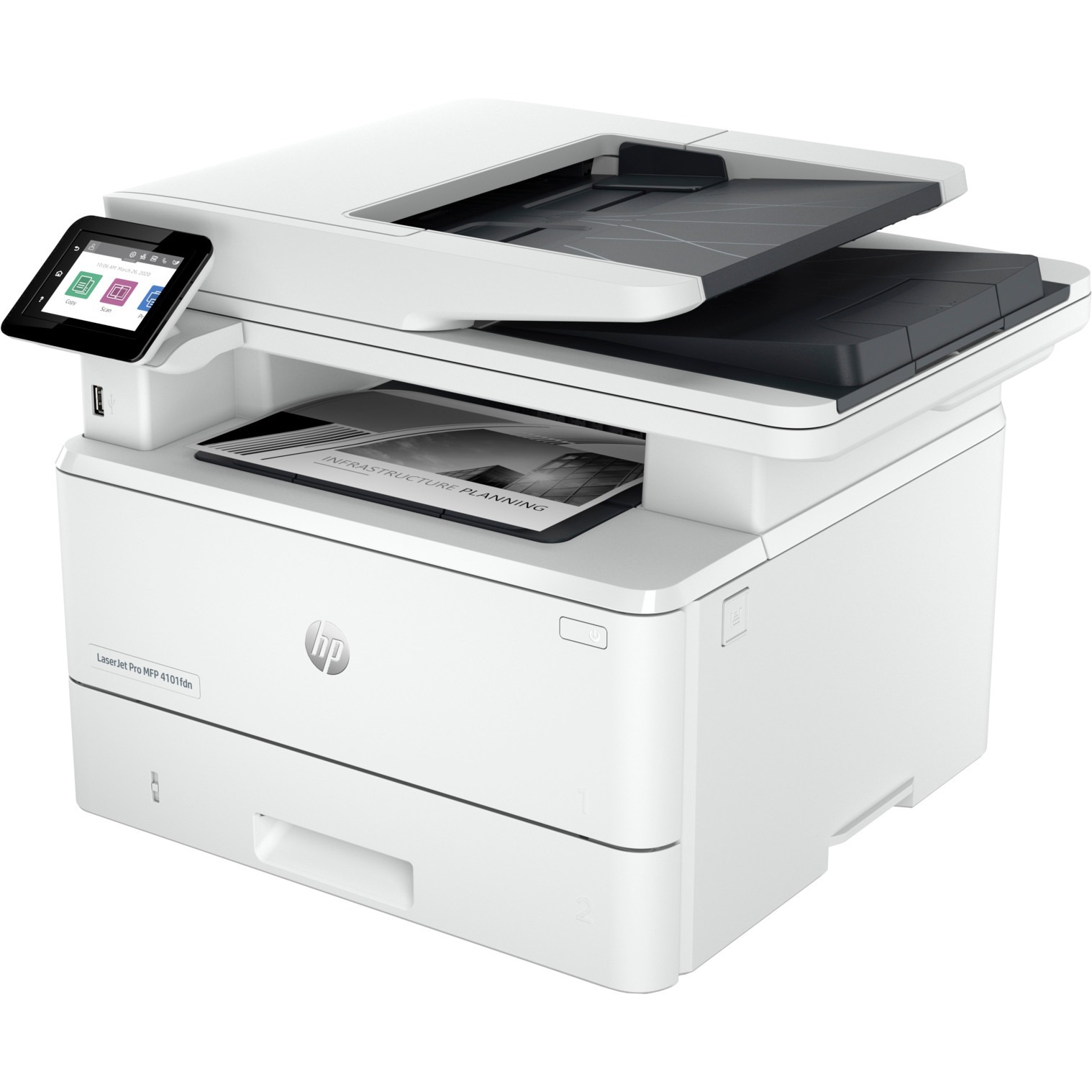 HP LaserJet Pro MFP 4101fdn monochrome laser multifunction printer for office workgroups — left view