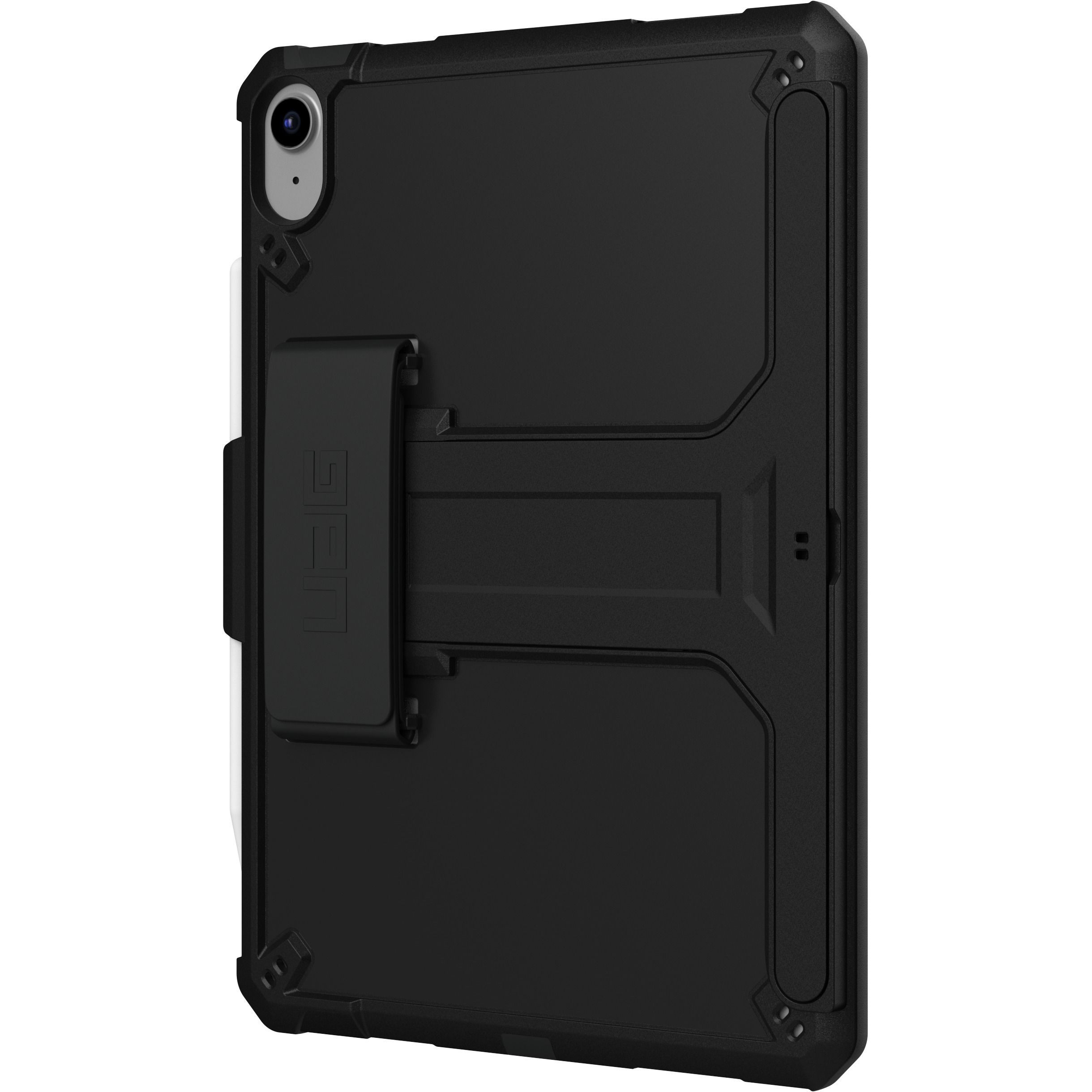 UAG Scout black rugged case with kickstand and handstrap for iPad 11 A16 and iPad 10.9 10th Gen — left view