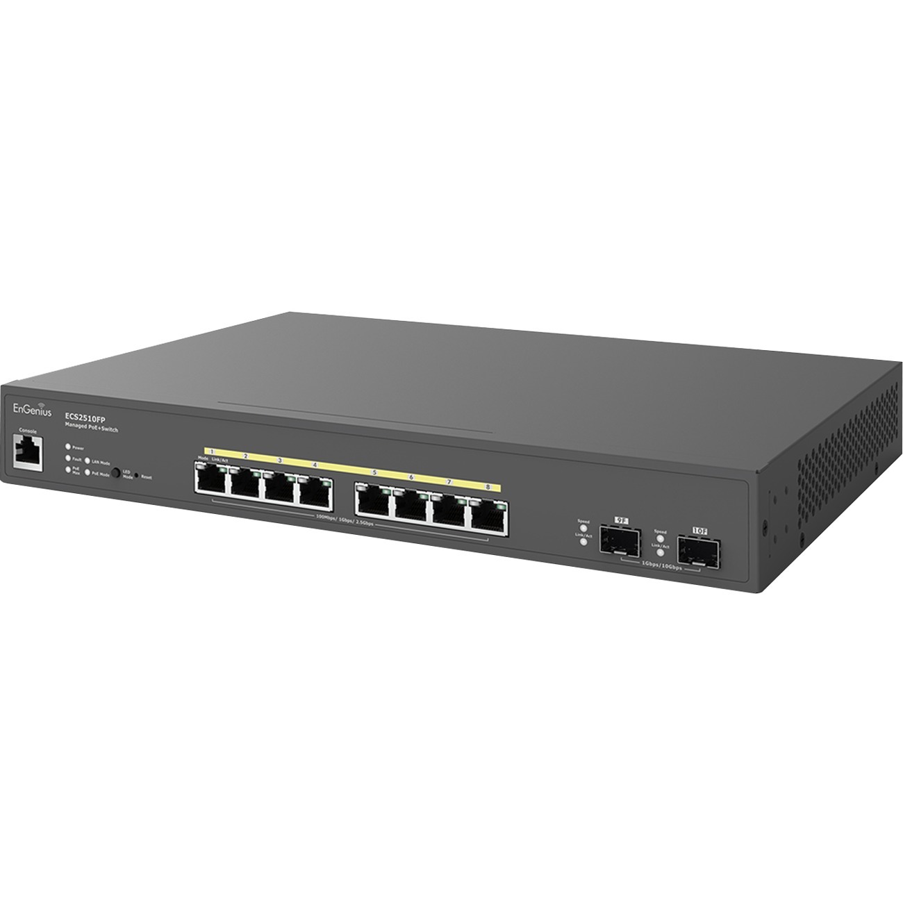 EnGenius ECS2510FP cloud managed 8-port multi-gig L2+ PoE+ switch with 2 SFP+ uplinks — left view