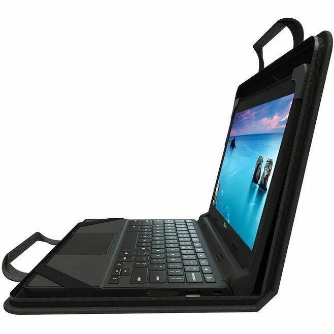 Slim black laptop sleeve for 13-14 inch Chromebooks and laptops with mesh accessory storage — left view