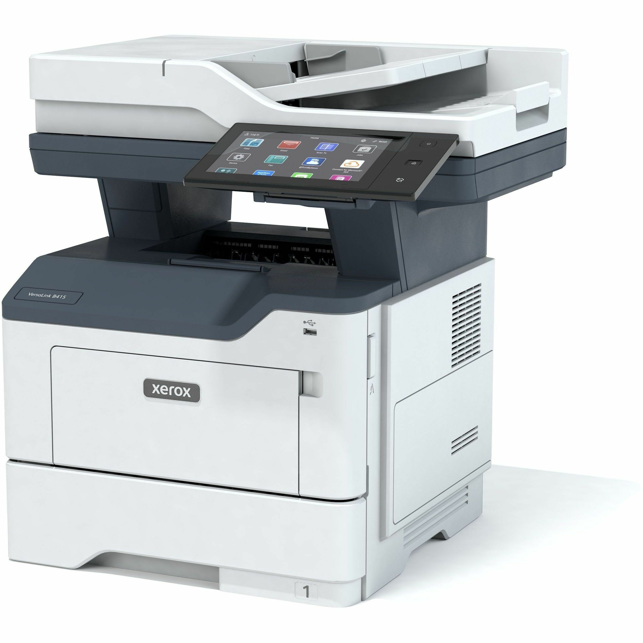 Xerox VersaLink B415 multifunction printer for monochrome office printing with duplex support — left view