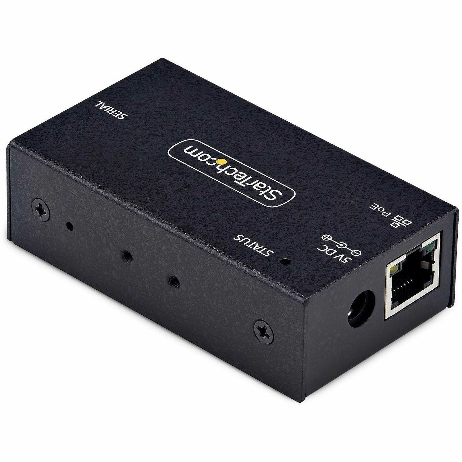 StarTech PoE serial to Ethernet adapter with DB9 port, RJ45 Ethernet, and wall or DIN rail mounting — left view