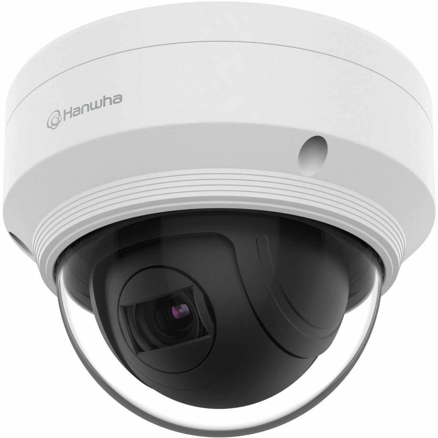 Wisenet X powered by Wisenet 5 network outdoor PTZ camera, 2MP, Full HD(1080p) @ 60fps, 4.3X optical zoom lens (2.8mm ~12mm) (119.5 ~ 27.9 ), Pan: 0 ~350 . Tilt: 0 ~ 90 , triple codec H.265/H.264/MJPEG with WiseStream II technology, 150dB WDR, USB port for easy installation, advanced video analytics and sound classification, true D/N, built-in SD card slot (1x256GB), HLC, defog detection, DIS(Gyro), 12VDC/PoE, IP66, IK10, -22 F ~ 131 F, White — left view