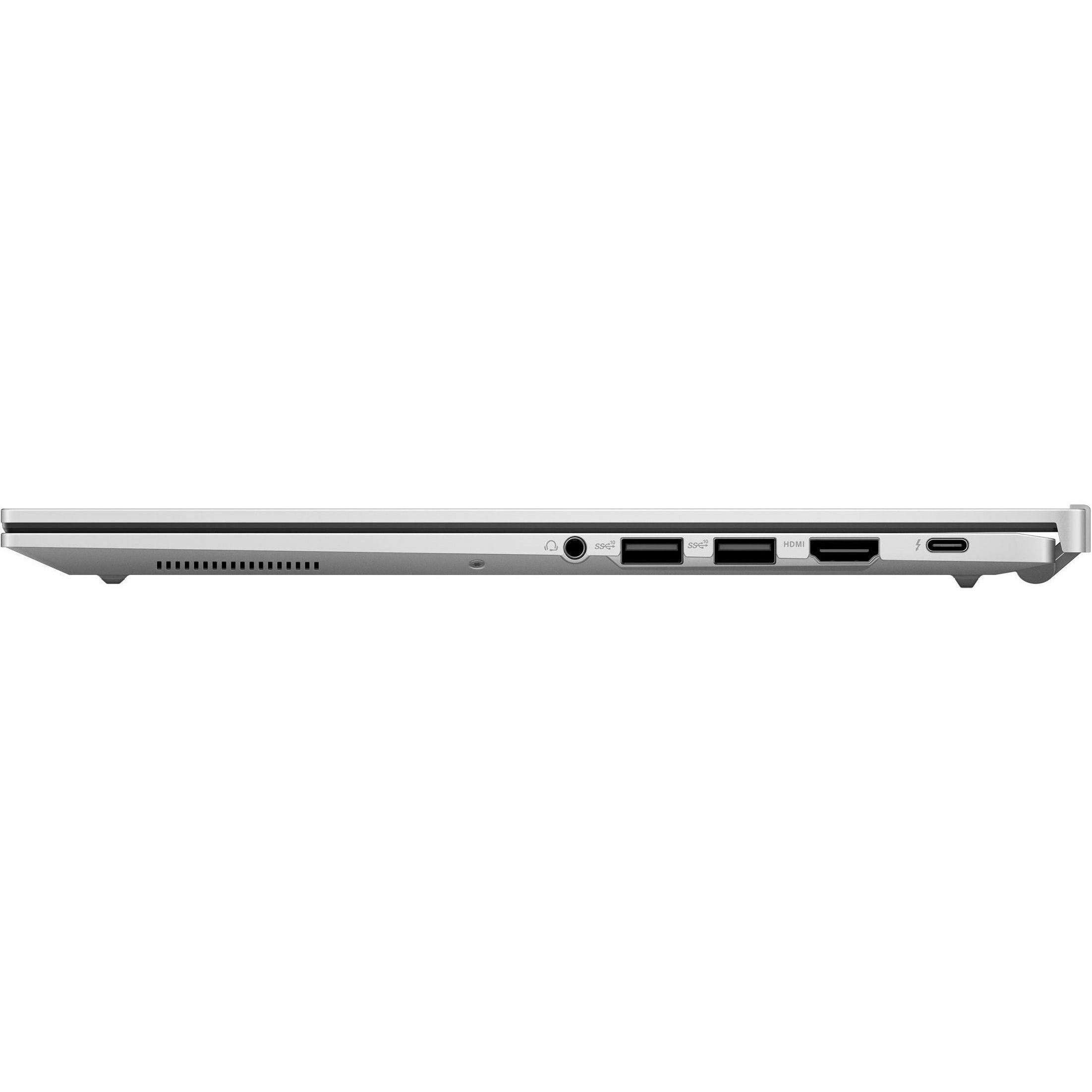 ASUS Chromebook Plus Enterprise silver laptop with 14-inch WQXGA display, Intel Core Ultra 5 115U, 8 GB RAM, and 256 GB SSD — left view