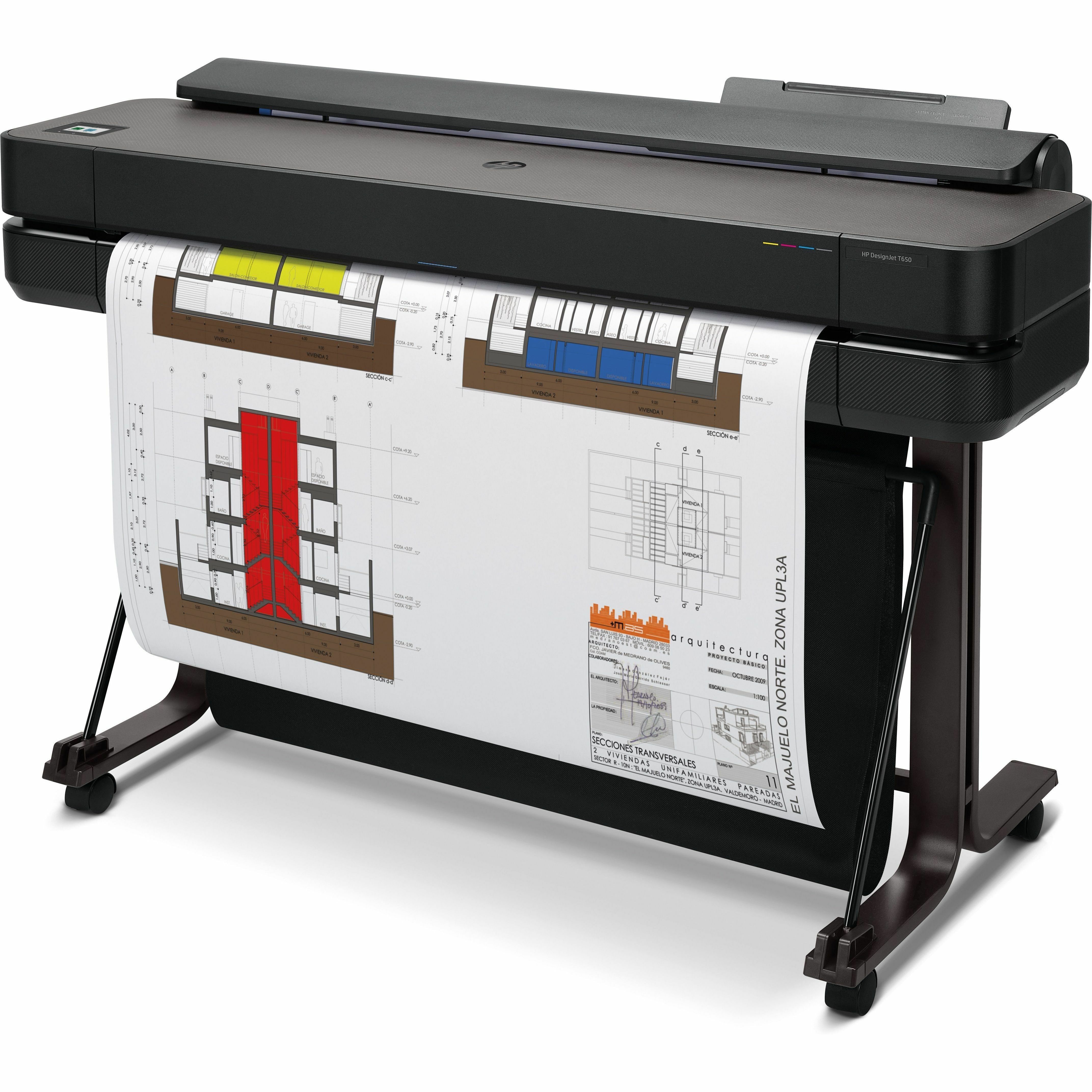 HP DesignJet T650 36-inch large-format printer for CAD drawings and technical plans — left view