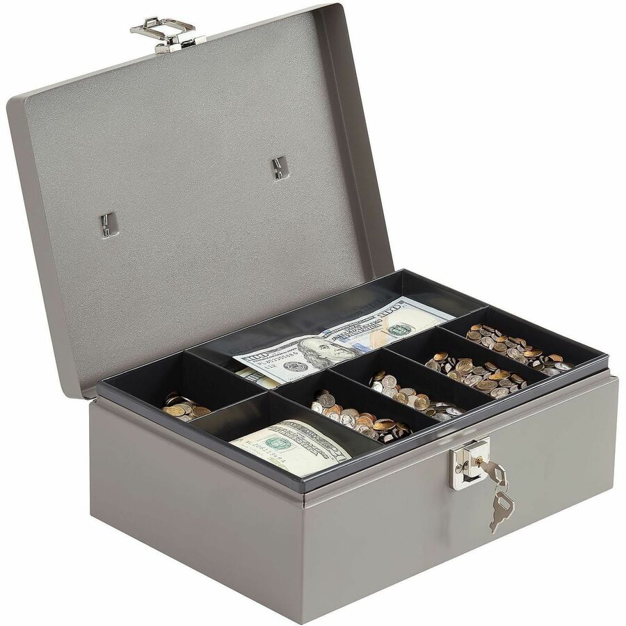 Sparco All-Steel Cash Box with Latch Lock - 1 Bill - 6 Coin - Steel - Gray - 4" Height x 11" Width x 7.8" Depth