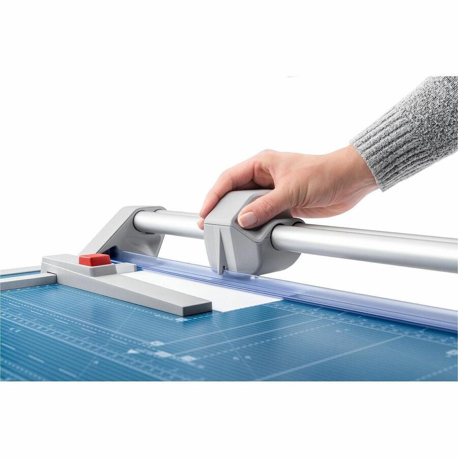 DAH552 - Rotary trimmer with a 20" cut length is made for precision and accuracy. Self-sharpening cutting system means there's no need to worry about replacing dull or worn blades. The blade's precision-graduated edge will remove even the tiniest sliver of paper and produce a clean, burr-free cut. Extruded aluminum guide bar provides excellent strength and durability when cutting thicker materials. Dual-barrel design provides a smooth, stable track for the cutting head to power through dense material. Carefully screened rulers and guides help align your cuts. For added convenience, the grid includes standard-size guides for trimming photos and documents. Sturdy metal base provides a solid foundation that will never warp or crack. Integrated, automatic clamping system provides even pressure to prevent your work from shifting. Rotary trimmer is designed to cut up to 20 sheets at a time. More from the Manufacturer