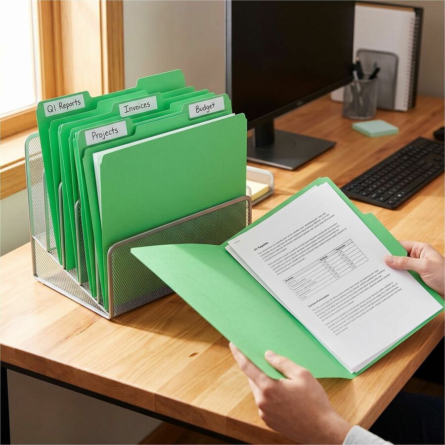 Business Source 1/3 Tab Cut Letter Recycled Top Tab File Folder - 8 1/2" x 11" - Top Tab Location - Assorted Tab Position - 11 pt. - 1 Plys - Green - 10% Recycled - 100 / Box