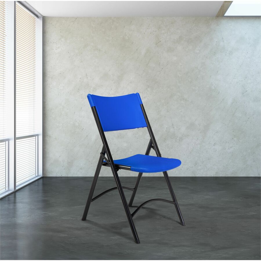 National Public Seating 600 Series Folding Chairs - Powder Coated, Black Frame Color - Steel Frame Material - Four-legged Base - Blue - Plastic Resin, Steel, Metal - 4 / Carton