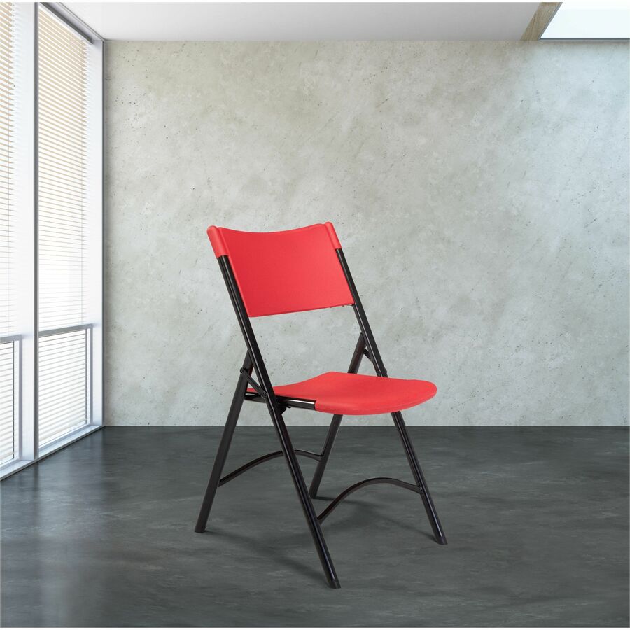 National Public Seating 600 Series Folding Chairs - Powder Coated, Black Frame Color - Steel Frame Material - Four-legged Base - Red - Plastic Resin, Steel, Metal - 4 / Carton
