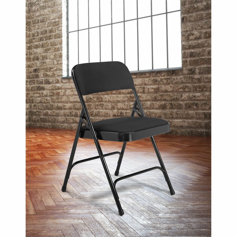 National Public Seating 2200 Series Folding Chair - Black Seat Color - Fabric, High Density Foam (HDF) Seat Material - Black Back Color - High Density Foam (HDF) Back Material - Black Frame Color - Tubular Steel, Metal Frame Material - Midnight Black - Fa