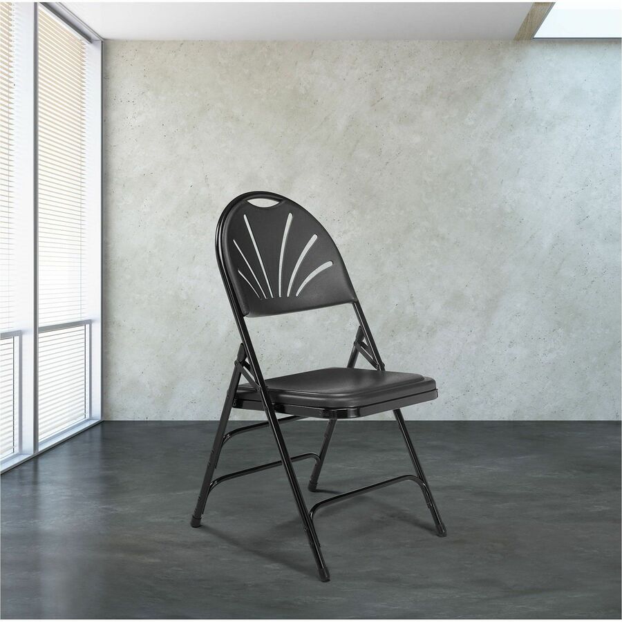 National Public Seating 1100 Series Fan-Back Folding Chair - Black Seat Color - Plastic Seat Material - Black Back Color - Plastic Back Material - Black Frame Color - Tubular Steel Frame Material - High Back - Black - Plastic, Polypropylene - 4 / Carton