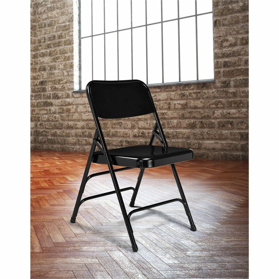 National Public Seating 300 Series All-Steel Folding Chair - Powder Coated Frame Color - Tubular Steel Frame Material - Four-legged Base - Black - Steel, Polypropylene - 4 / Carton