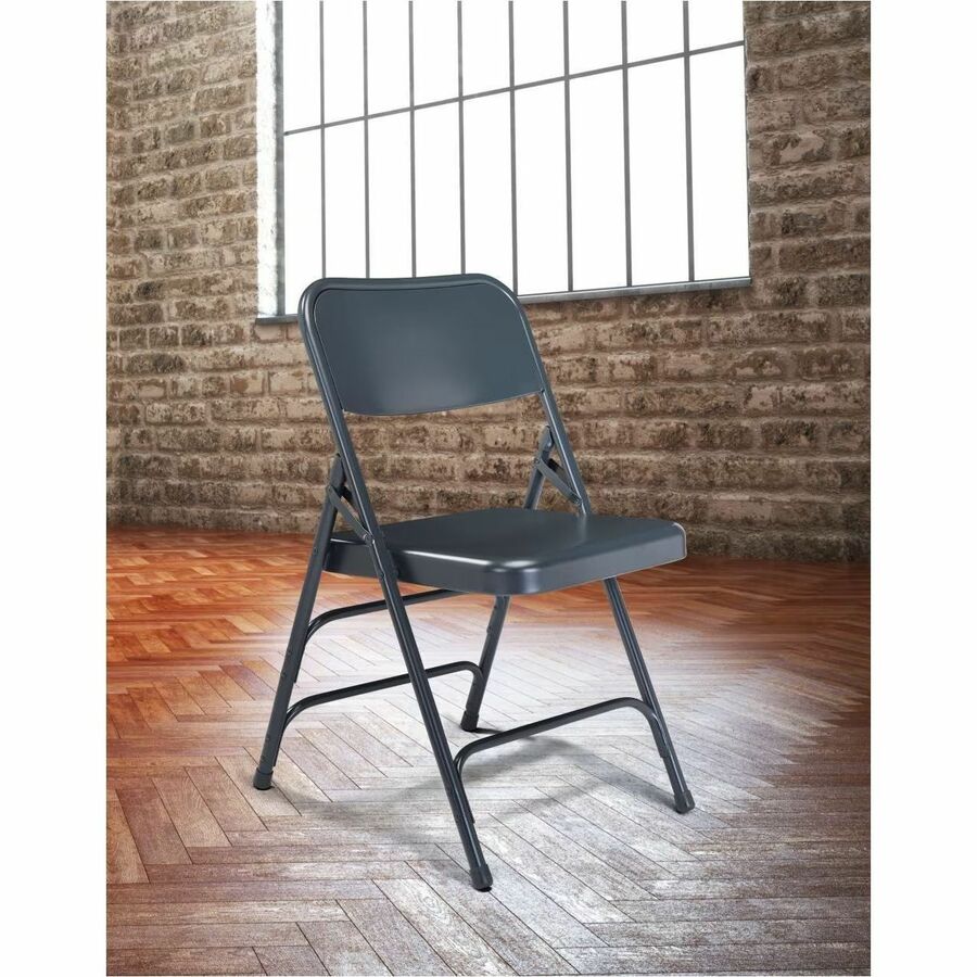 National Public Seating 300 Series All-Steel Folding Chair - Powder Coated Frame Color - Tubular Steel Frame Material - Four-legged Base - Blue - Steel, Polypropylene - 4 / Carton