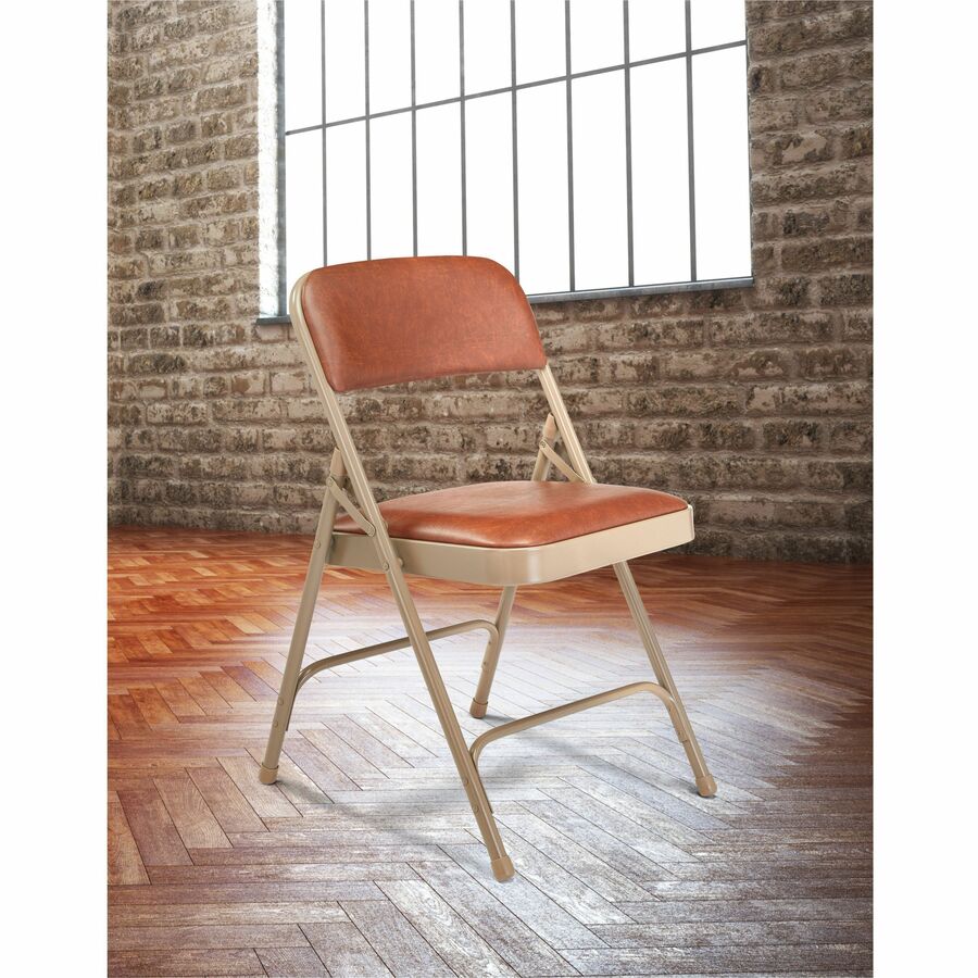National Public Seating 1200 Series Upholstered Folding Chair - Honey Brown Seat Color - Vinyl, Foam Seat Material - Honey Brown Back Color - Vinyl Back Material - Beige Frame Color - Tubular Steel Frame Material - Honey Brown - Vinyl, Polypropylene - 4 /