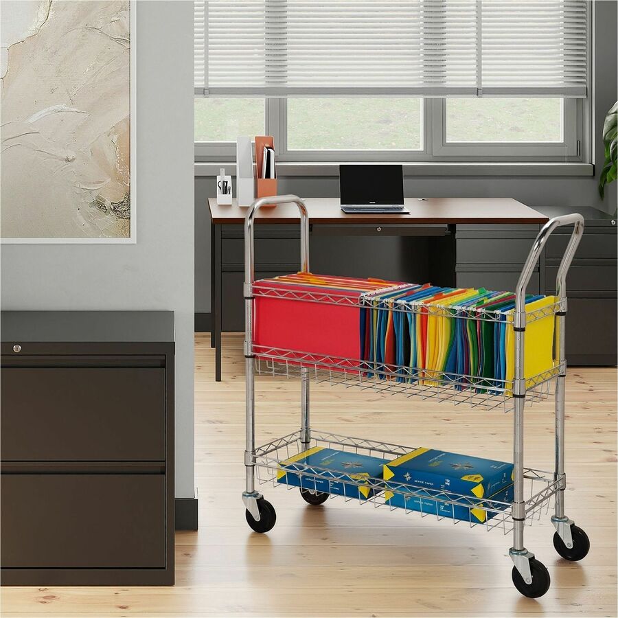 Lorell Mobile Wire Mail Cart - 99.21 lb Load Capacity - 4 Casters - 4" Caster Size - Steel - 34.25" Width x 12.50" Depth x 40" Height - Chrome - 1 Each