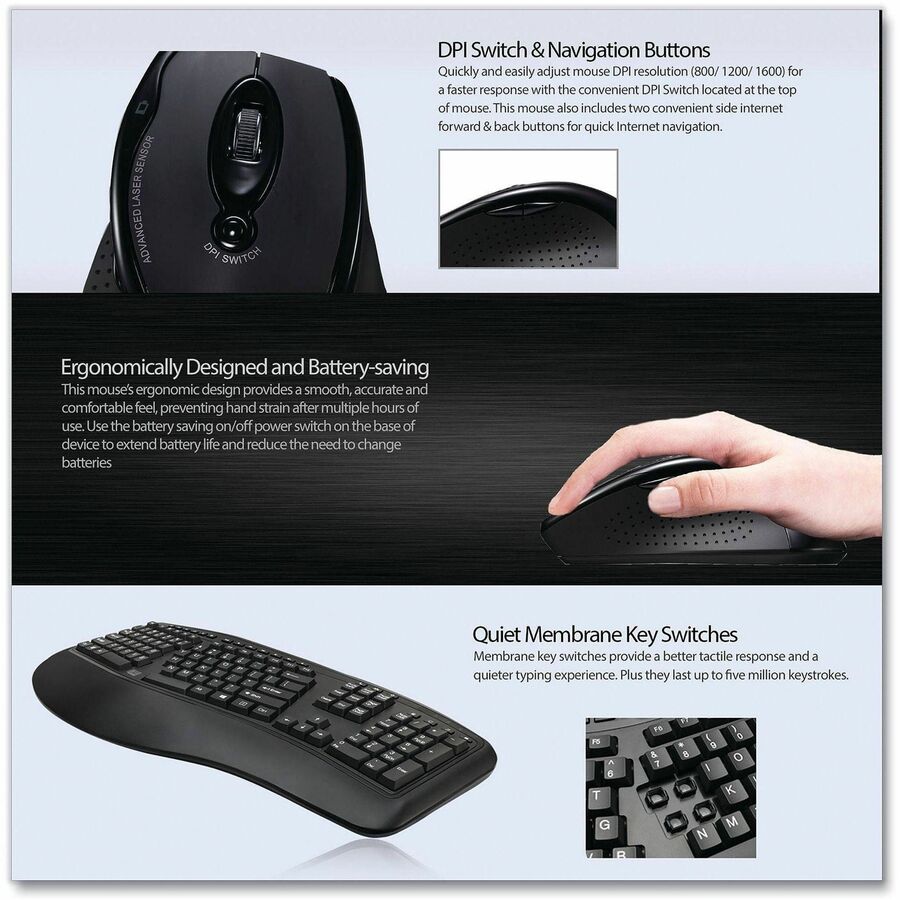 Adesso Wireless Ergonomic Keyboard and Laser Mouse