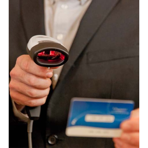 Zebra LI2208 handheld 1D barcode scanner with USB cable for point-of-sale use — life-style view