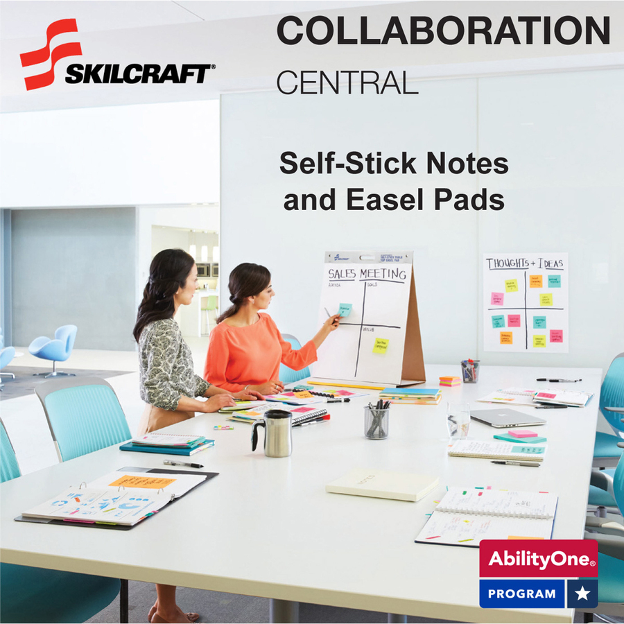 NSN3930104 - Simplify taking notes at your next meeting with these self-stick, removable easel pads. Each sheet has self-stick adhesive on the back. Simply tear the sheet from the easel and stick it to virtually any surface without using tape or tacks. Sheets are as easy to use as a self-stick note. Repositionable adhesive on the back of each sheet allows you to move the sheets around the room or take them with you back to the office. Each lightweight easel pad has a convenient carrying handle and universal slots that fit every easel stand. Each pad contains 30 sheets of 18.5 lb. basis weight paper. Easel pads are fully recyclable and meet Executive Orders 13514 and 13423. All SKILCRAFT Self-Stick products are produced by Americans who are blind. Purchasing this AbilityOne mandatory source product ensures your compliance with federal procurement regulations.   