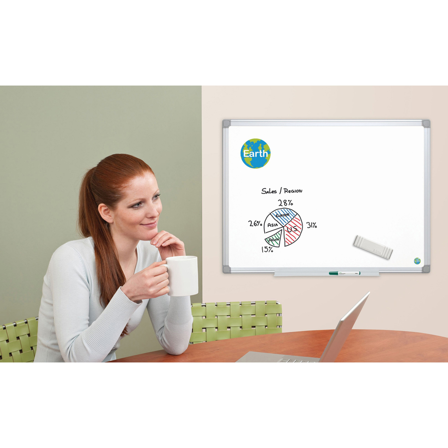 BVCMA0507790 - Dry-erase board contains eco-friendly materials and can be mounted vertically or horizontally. Magnetic/dry-erase surface is suitable for moderate use. Sturdy, aluminum frame around the magnetic lacquered steel features a four-corner mounting system for a quick, easy way to display the board. Snap-on pen tray keeps markers and other accessories within reach.
