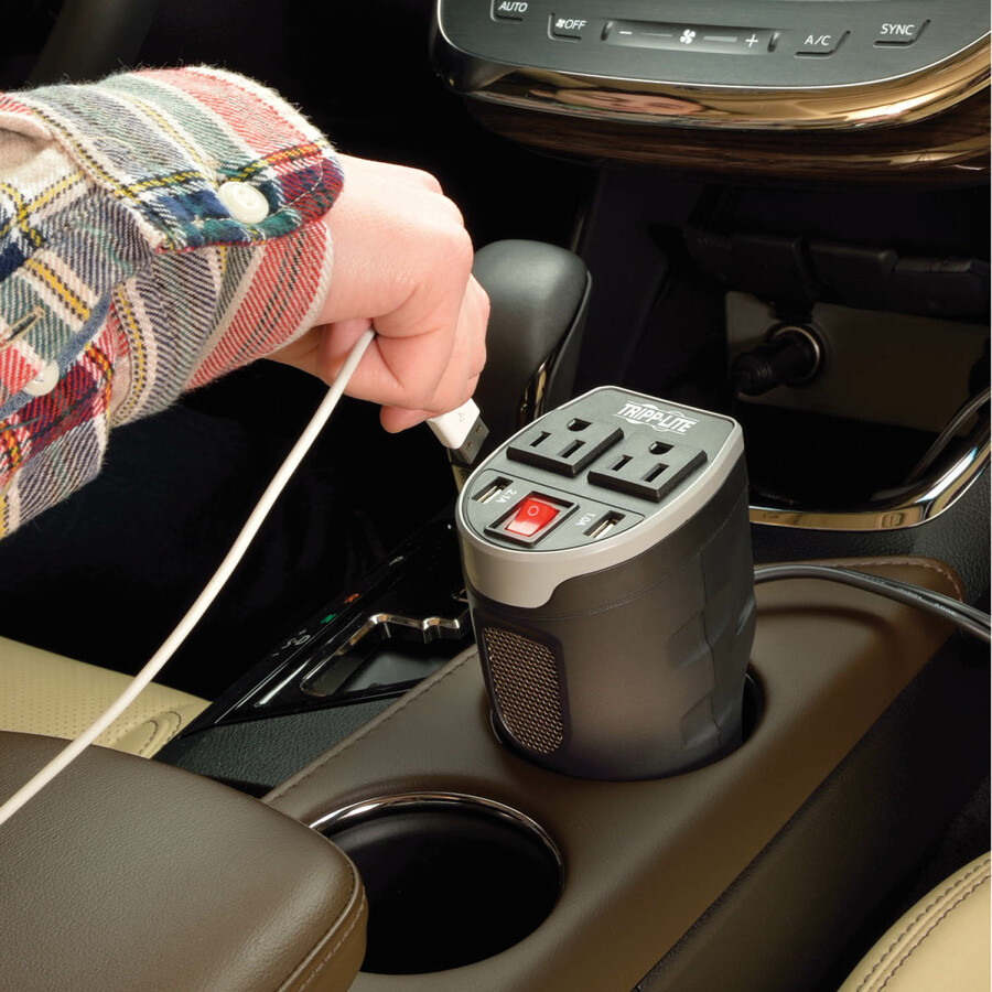 Tripp Lite by Eaton 200W PowerVerter Ultra-Compact Car Inverter with 2 Outlets and 2 USB Charging Ports Cup Holder Design
