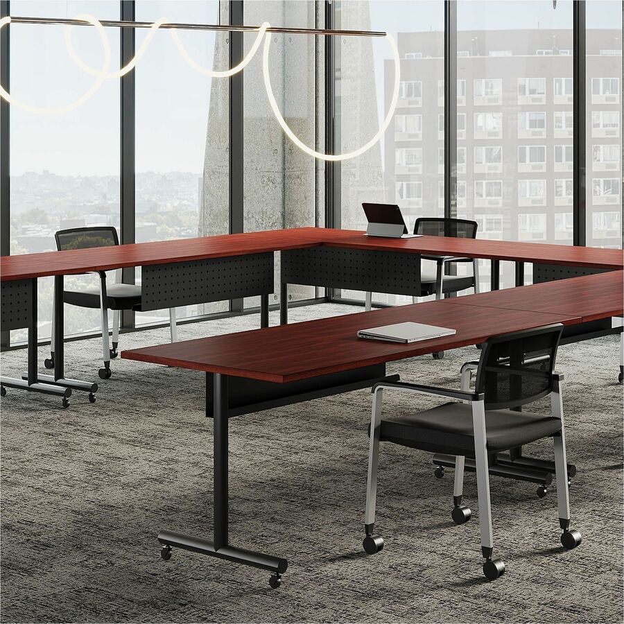 LLR59605 - Tabletop with a straight edge is the worksurface portion of Lorell Electric Height-Adjustable Workstations as well as the Lorell Relevance Series. It fits on Lorell Quadro Sit/Stand bases with button controller for a more versatile way of working so you can alternate between sitting and standing. The bases (sold separately) come in black or silver. 1" thick tabletop features a 3mm thick PVC edgebanding that matches the Mahogany laminate finish on the top surface. More from the Manufacturer