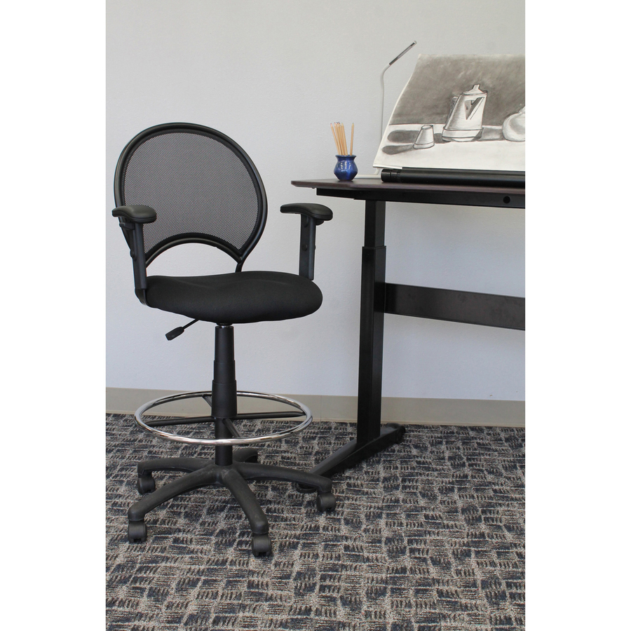 Boss B16216 Drafting Chair - Black Mesh Seat - Black Ballistic Nylon, Metal Back - Black, Chrome Nylon Frame - 5-star Base - 1 Each