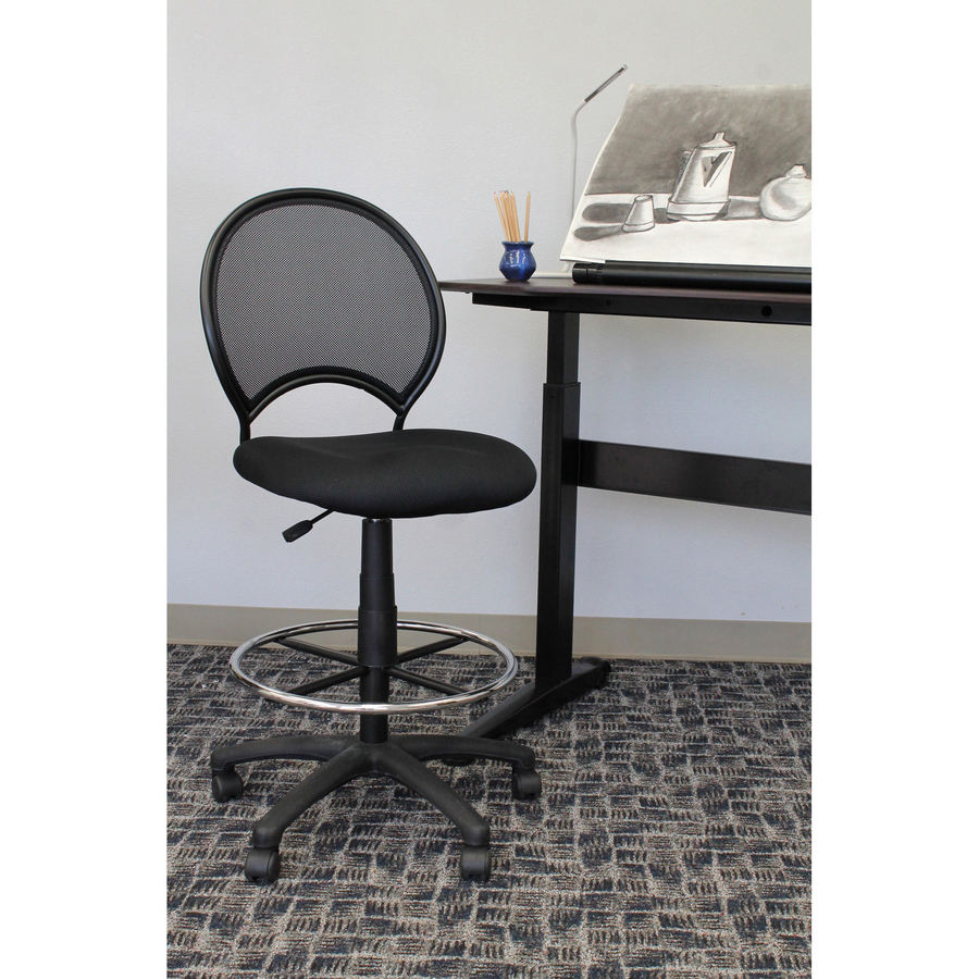 Boss B16215 Drafting Chair - Black Mesh Seat - Black Ballistic Nylon, Metal Back - Black, Chrome Nylon Frame - 5-star Base - 1 Each