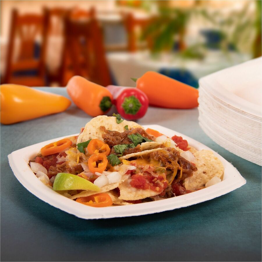 Solo Bare 6-7/10" Eco-Forward Square Plates - Bare - Microwave Safe - 6.7" Diameter - Off White - Sugarcane Body - 125/Pack - 8 / Carton