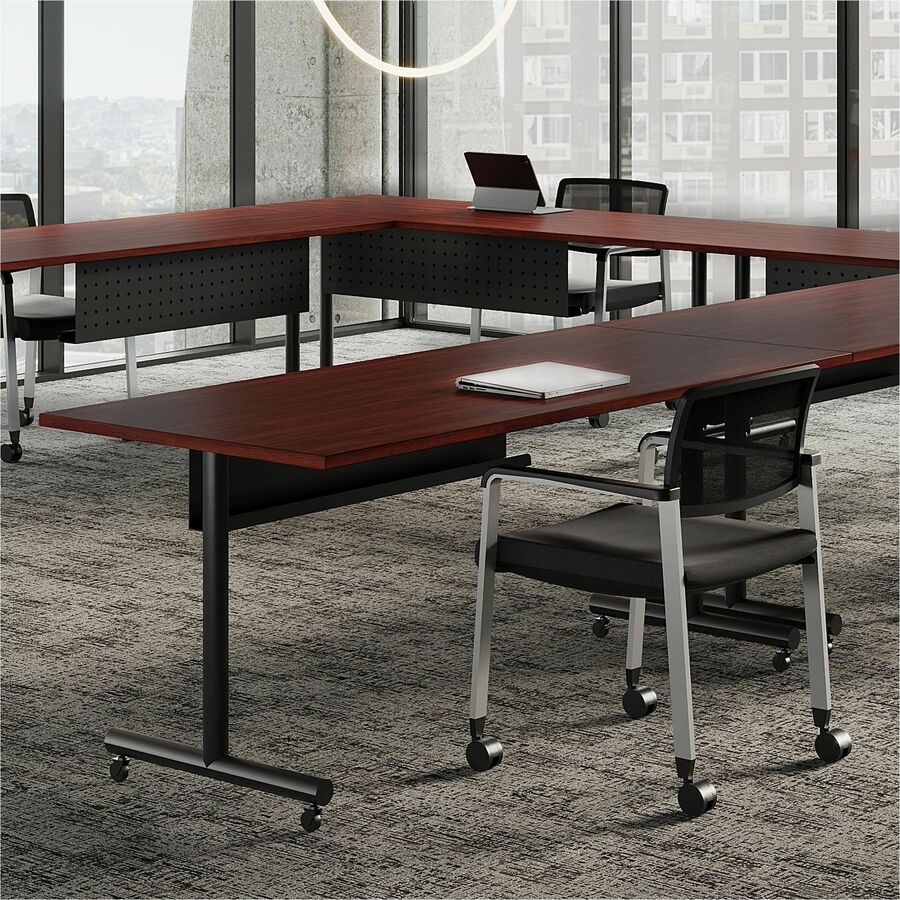 LLR34405 - Tabletop with a straight edge is the worksurface portion of Lorell Electric Height-Adjustable Workstations as well as the Lorell Relevance Series. It fits on Lorell Quadro Sit/Stand bases with button controller for a more versatile way of working so you can alternate between sitting and standing. The bases (sold separately) come in black or silver. 1" thick tabletop features a 3mm thick PVC edgebanding that matches the Mahogany laminate finish on the top surface. More from the Manufacturer