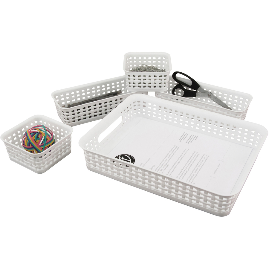 Advantus Plastic Weave Bin Set - 2.5" Height x 10.1" Width13.4" Length - Desktop - White - Plastic - 5 / Pack