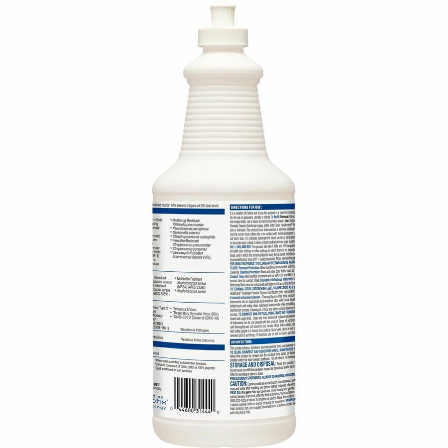 Clorox Healthcare Pull-Top Hydrogen Peroxide Cleaner Disinfectant - Ready-To-Use - 32 fl oz (1 quart) - Non-corrosive, Bleach-free - Clear - 552 / Pallet